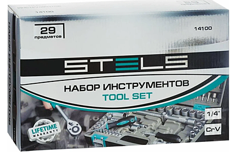 Набор инструментов,1/4, CrV, пластиковый кейс 29 предм // STELS 14100