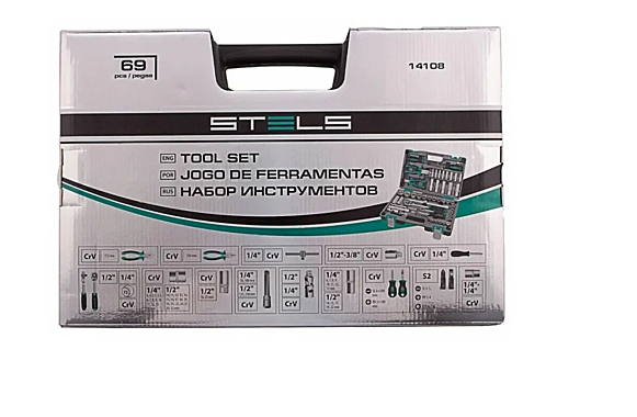 Набор инструментов,1/2,1/4, CrV, пластиковый кейс 69 предм.//STELS 14108