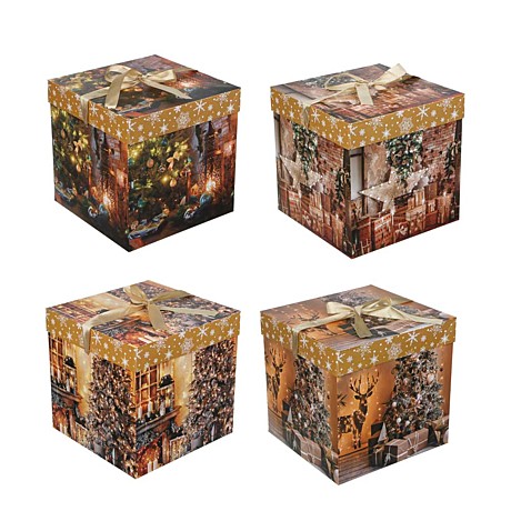 СНОУ БУМ Коробка подарочная, бумажная, складная, с лентой, 22x22x22 см, 4 дизайна