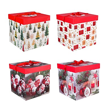 СНОУ БУМ Коробка подарочная, бумажная, складная, с лентой, 25x25x25 см, 4 дизайна