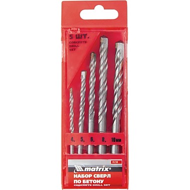 Набор сверл по бетону, 4-5-6-8-10 мм, пластиковый кейс// Matrix 70730