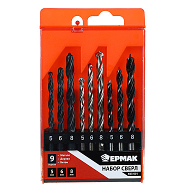 ЕРМАК Набор 9 пр: сверла по дереву (5-6-8 мм), по металлу (5-6-8 мм), по бетону (5-6-8 мм) 603-001