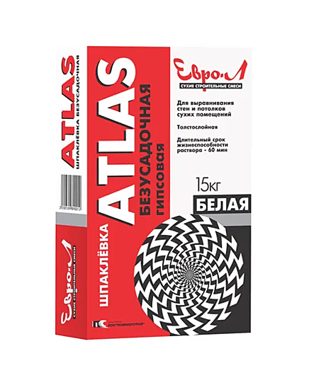 Шпатлевка Евро-Л АТЛАС гипсовая безусадочная белая 15кг (80шт/поддон)