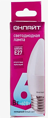 Лампа светодиодная ОНЛАЙТ 71 631 OLL-C37-6-230-4K-E27-FR 6Вт свеча 4000К 71631
