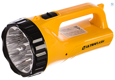 Фонарь Ultraflash 3816SM прожектор аккум 4V 0.8Ah 9св/д желтый пластик 2реж вилка 220В