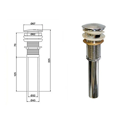Выпуск для сифона click-clack цельномет.пробка 62мм с переливом F65-2 хром