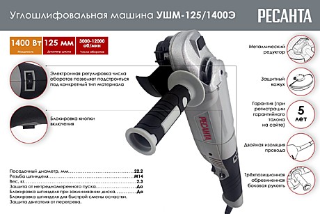 Шлифмашина угловая РЕСАНТА УШМ-125/1400Э 75/12/5