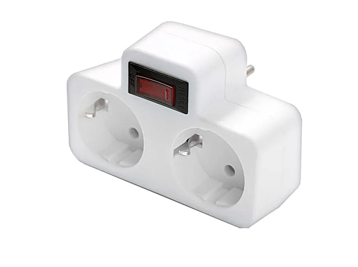 Тройник электрический 2 гнезда плоский белый с выключ. с заземл. 16А 3500Вт DOMTOK 2664