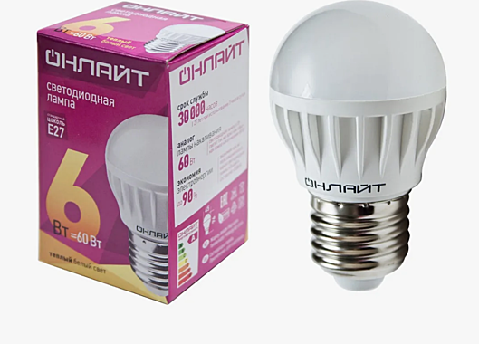 Лампа светодиодная ОНЛАЙТ 71 645 OLL-G45-6-230-2.7K-E27 6Вт шар 2700К 71645