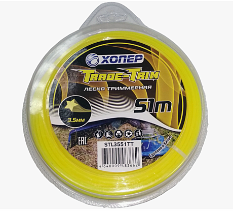 Леска для триммера ХОПЕР TRADE-TRIM звезда 3,5мм*400G 51м блистер желтый