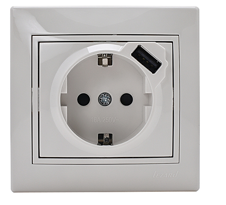 Розетка Lezard МИРА  белая с бел.вставкой с/з 16А с USB 701-0202-181