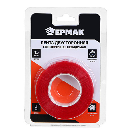 Скотч 2-х сторон. ЕРМАК 15мм х 3м сверхпроч. невидимый 472-034