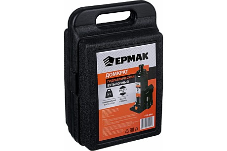 ЕРМАК Домкрат гидравлический бутылочный 5 т, в кейсе, высота подъема 216-413мм 770-084