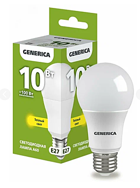 Лампа светодиодная GENERICA E27 A60 10Вт 3000к 230В грушевидная LL-A60-10-230-30-E27-G
