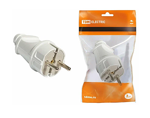 Вилка электрическая TDM прямая с/з белая 16А 250В SQ1806-0003