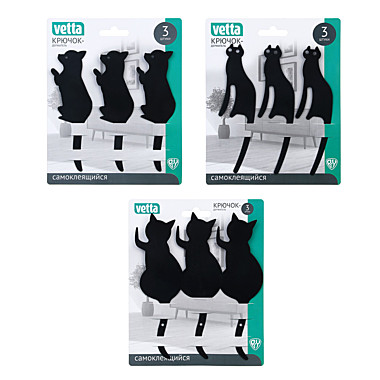 VETTA Крючок-держатель самоклеящийся, 3шт, металл, 3 дизайна
