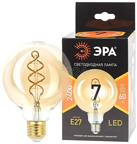 Лампа светодиодная филаментная ЭРА F-LED G95-7W-824-E27 шар золотая 2400К спир.тепл.бел Е27 Б0047663