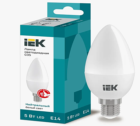 Лампа светодиодная IEK ECО С35 5ВТ свеча 230В 4000К Е27 