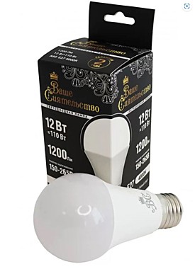 Лампа Ваше Сиятельство св.д. ЛОН А60 Е27 12W 1200lm 4К 4000K 115x60 матов,пласт/алюм. IC-драйвер 2г.
