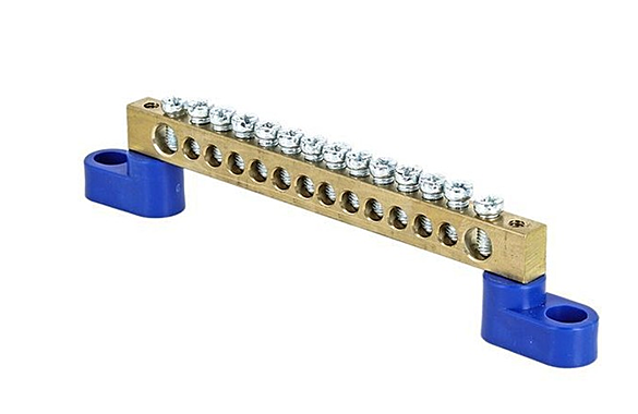 Шина N нулевая 6х9мм 14 отвер. латунь 2син.угловых изолятора розн.стикер PROxima EKF sn0-63-14-2-r